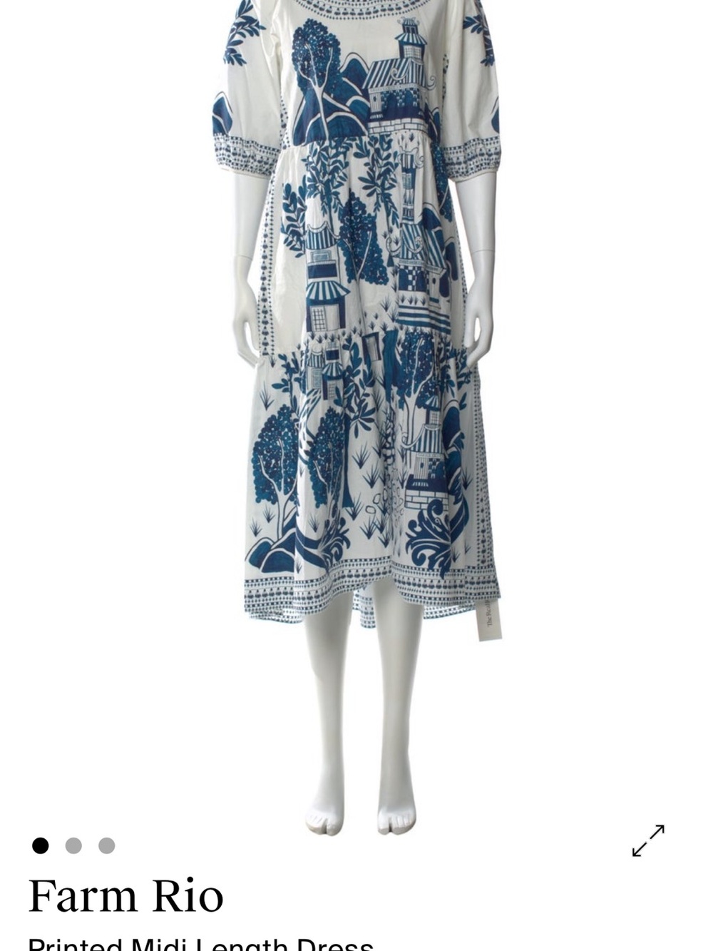 FARM Rio White/Blue Dress with Navy Scenic Print sz Medium EUC